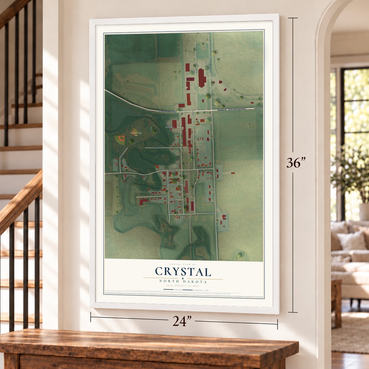Crystal, North Dakota map, 24 x 36 inch print in a white frame by a staircase