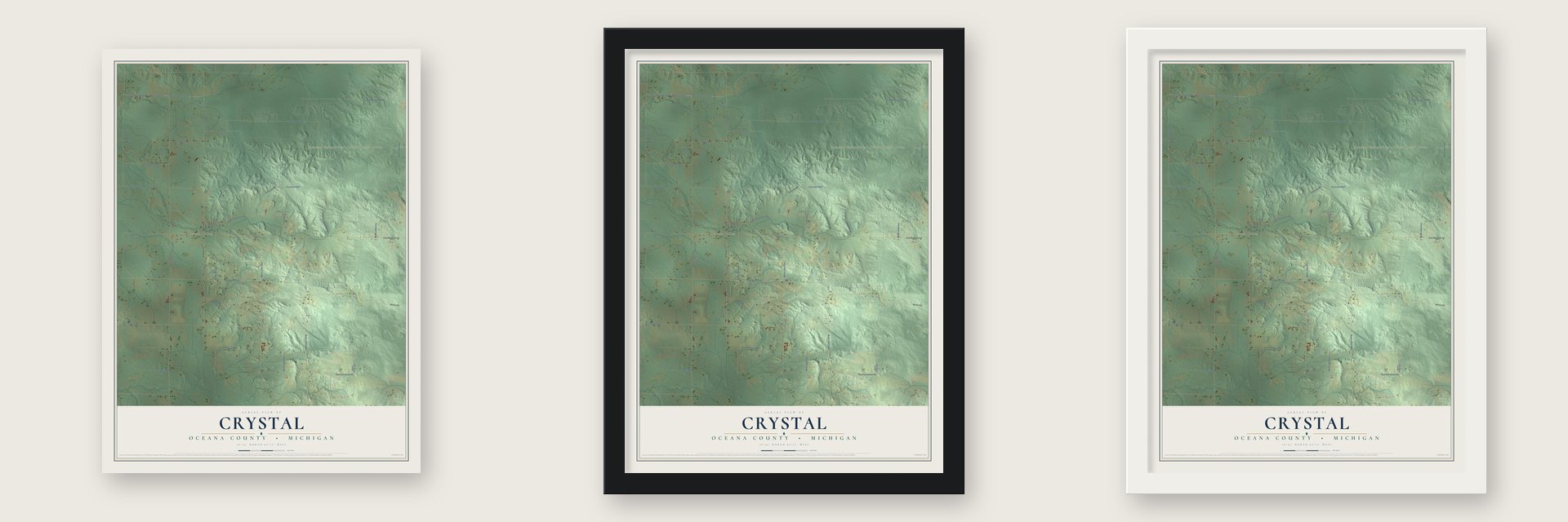 Crystal, Oceana County, Michigan map unframed, in a black wood frame and in a white wood frame