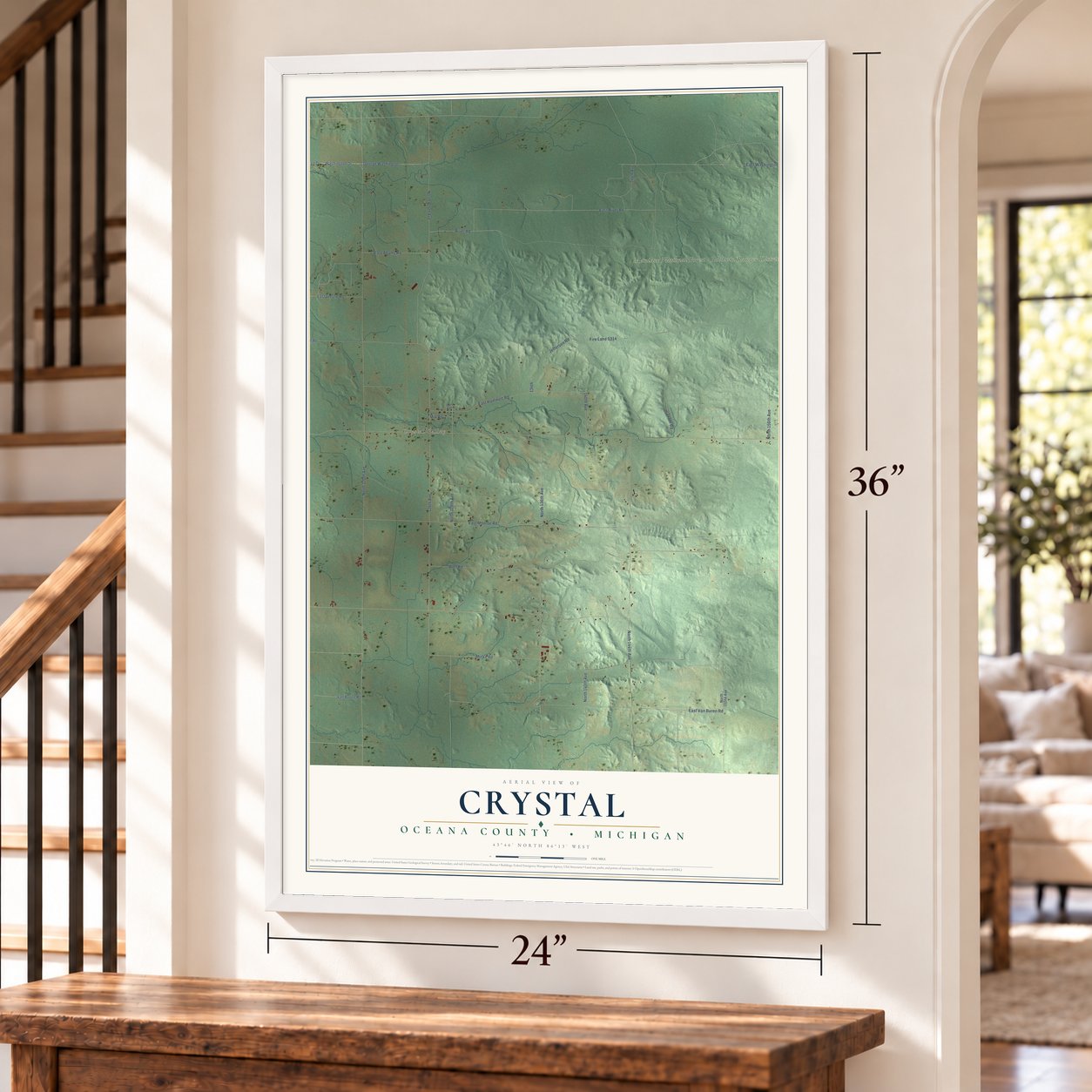 Crystal, Oceana County, Michigan map, 24 x 36 inch print in a white frame by a staircase