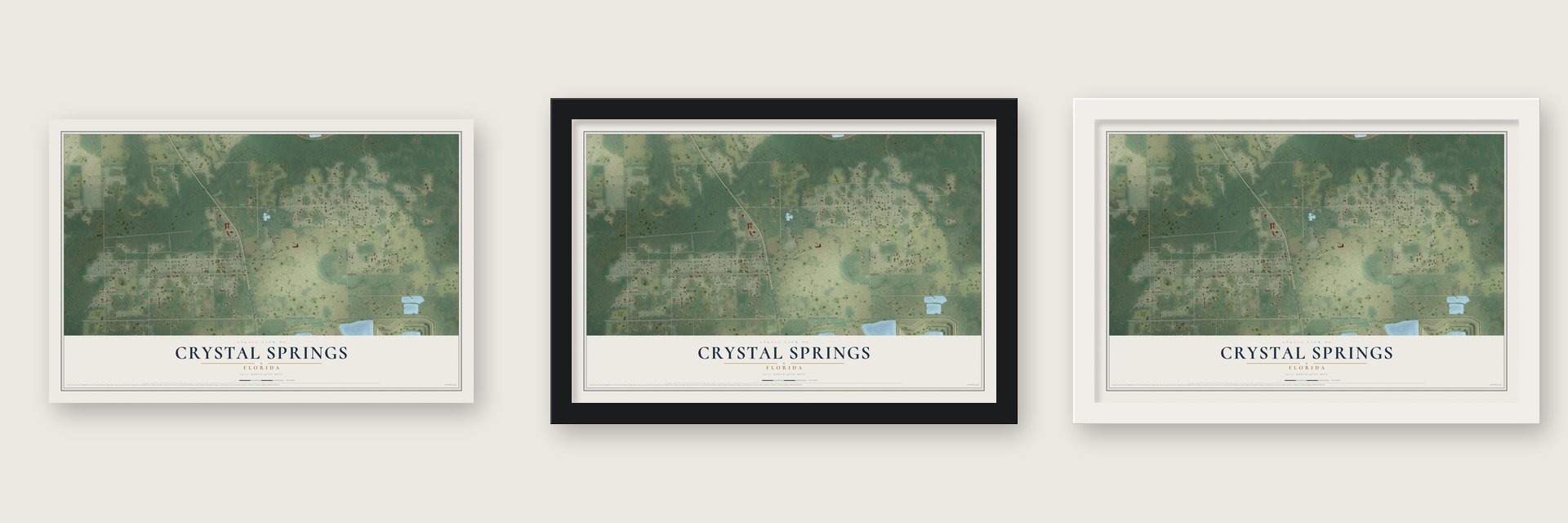 Crystal Springs, Florida map unframed, in a black wood frame and in a white wood frame