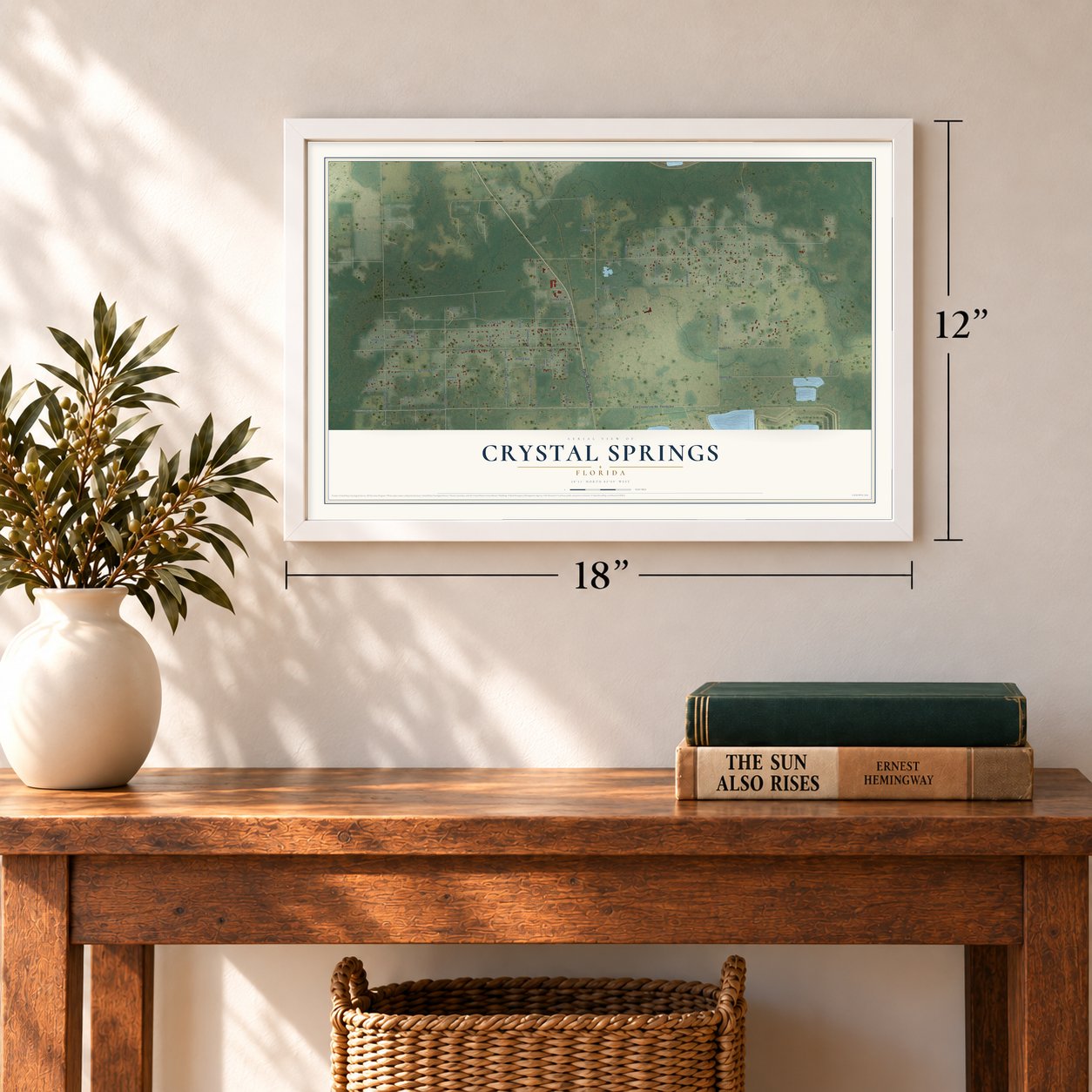 Crystal Springs, Florida map, 12 x 18 inch print in a white frame in an entryway