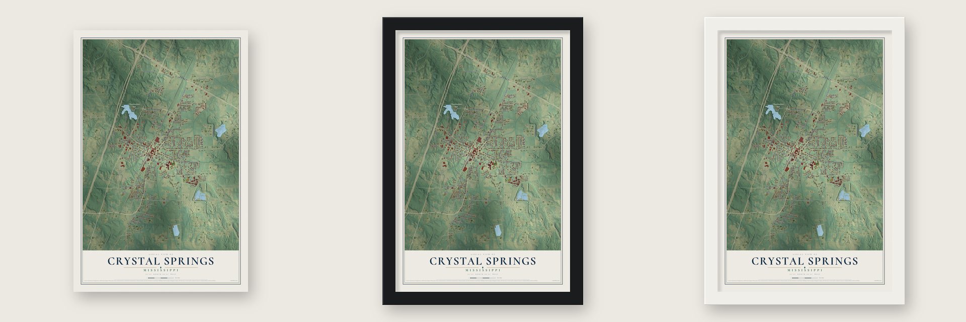 Crystal Springs, Mississippi map unframed, in a black wood frame and in a white wood frame
