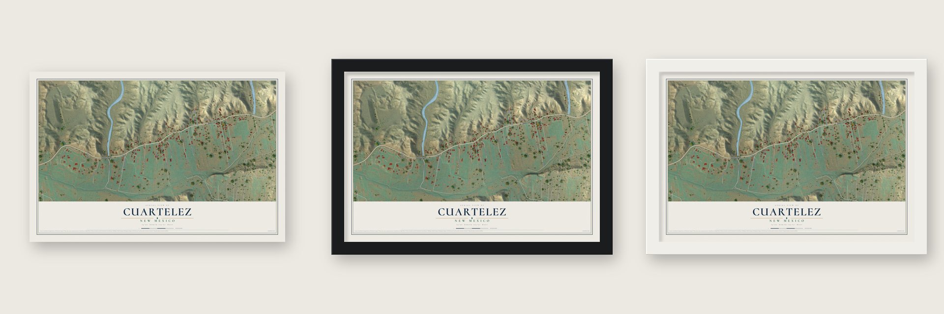 Cuartelez, New Mexico map unframed, in a black wood frame and in a white wood frame