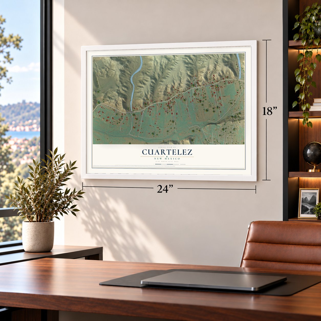 Cuartelez, New Mexico map, 18 x 24 inch print in a white frame in a home office