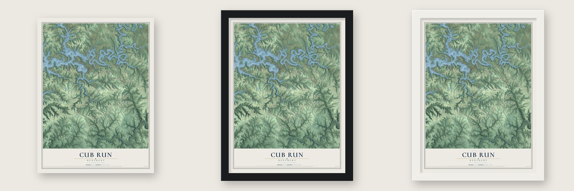 Cub Run, Kentucky map unframed, in a black wood frame and in a white wood frame