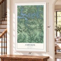 Cub Run, Kentucky map, 24 x 36 inch print in a white frame by a staircase