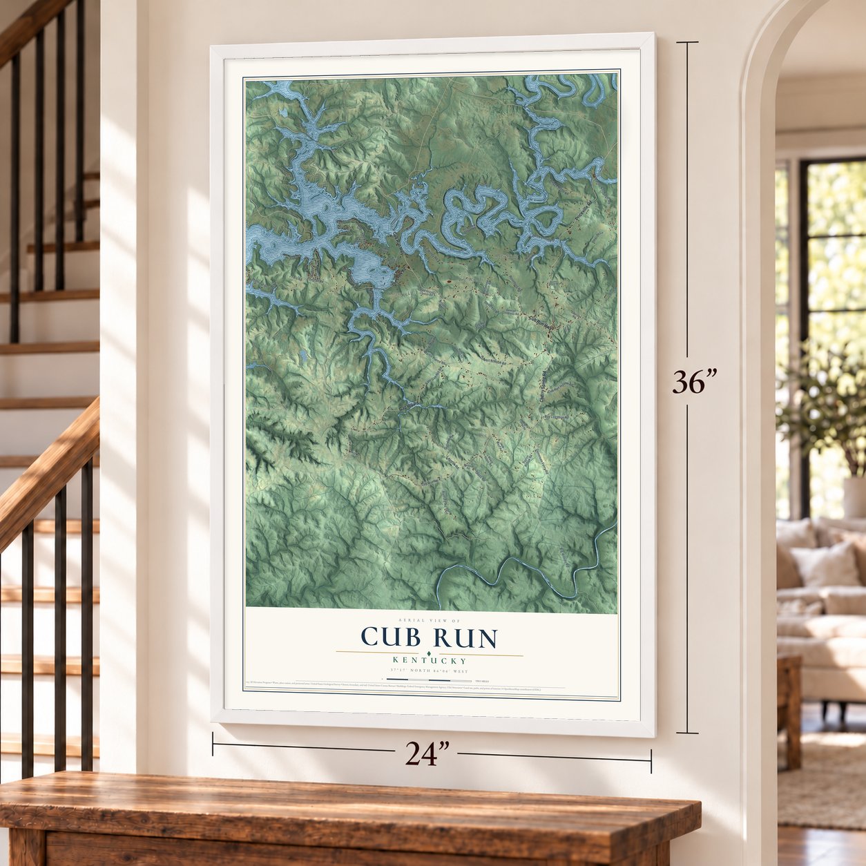 Cub Run, Kentucky map, 24 x 36 inch print in a white frame by a staircase
