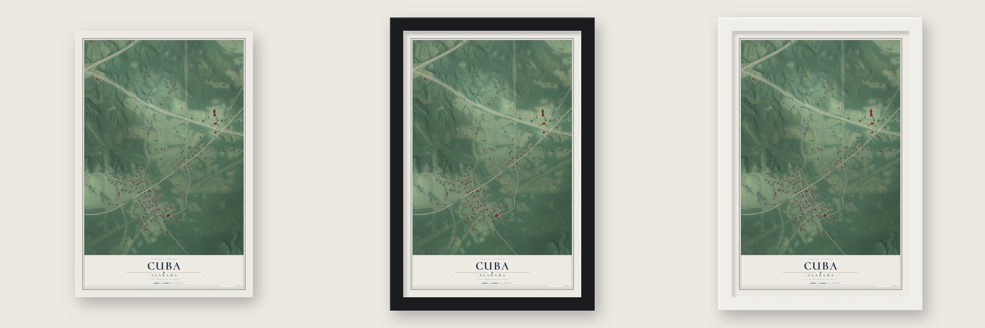 Cuba, Alabama map unframed, in a black wood frame and in a white wood frame