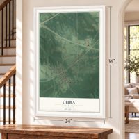 Cuba, Alabama map, 24 x 36 inch print in a white frame by a staircase