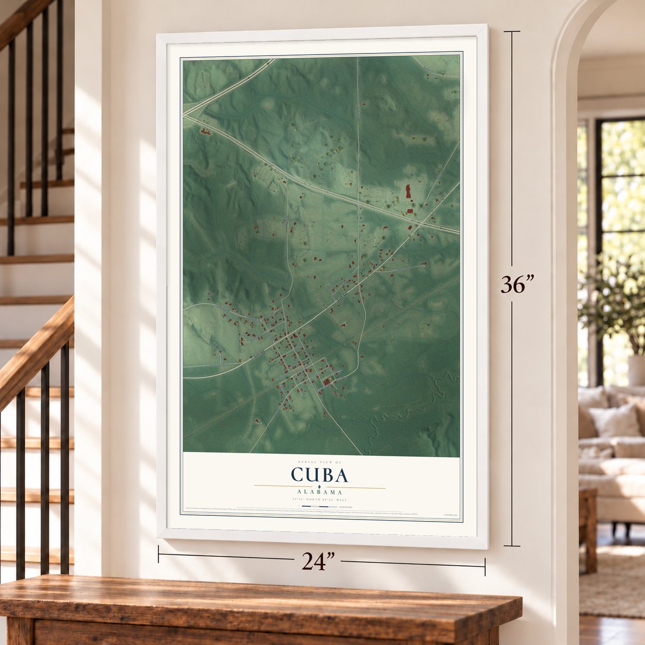 Cuba, Alabama map, 24 x 36 inch print in a white frame by a staircase
