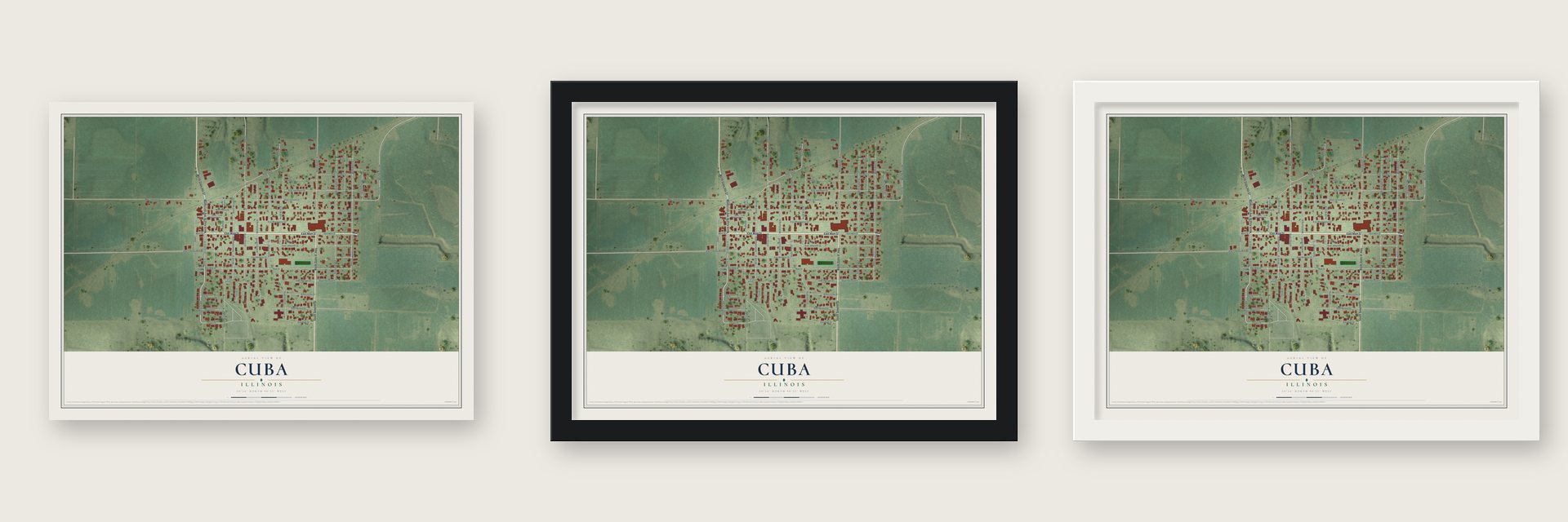 Cuba, Illinois map unframed, in a black wood frame and in a white wood frame