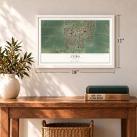 Cuba, Illinois map, 12 x 18 inch print in a white frame in an entryway