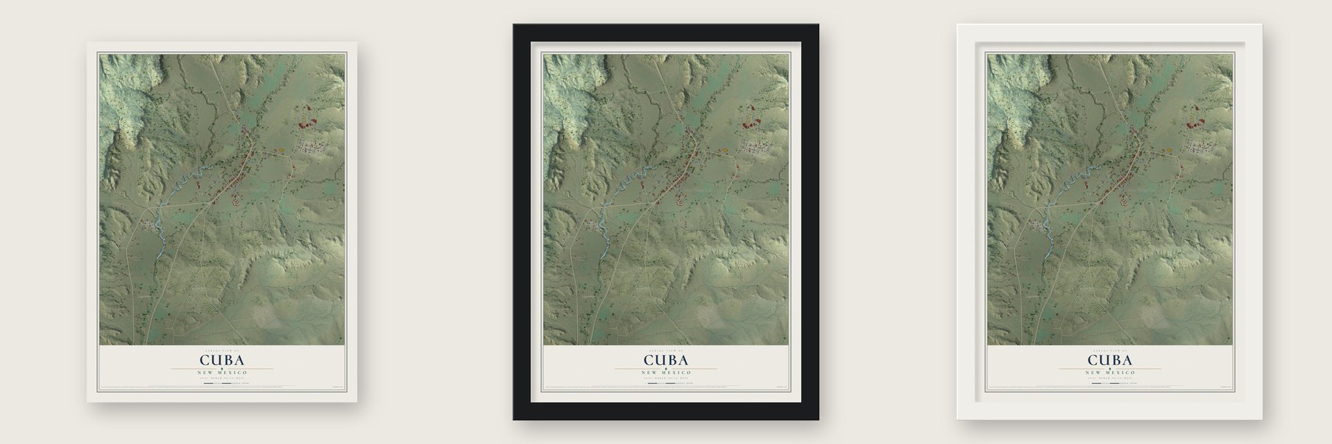 Cuba, New Mexico map unframed, in a black wood frame and in a white wood frame