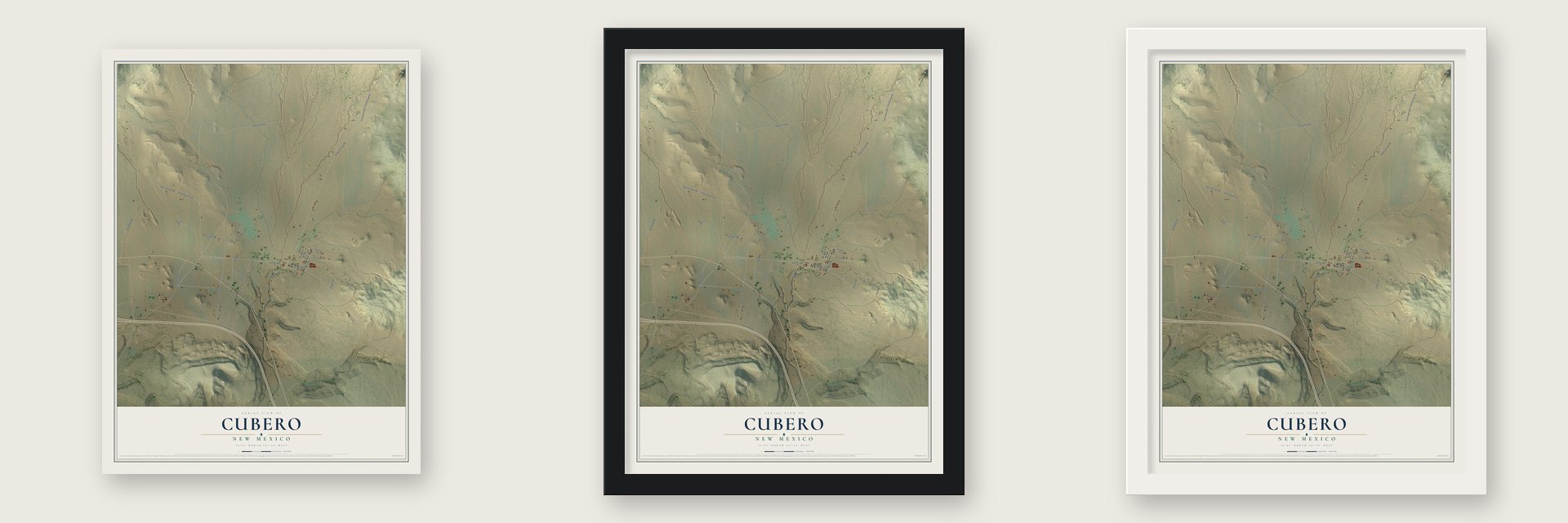 Cubero, New Mexico map unframed, in a black wood frame and in a white wood frame