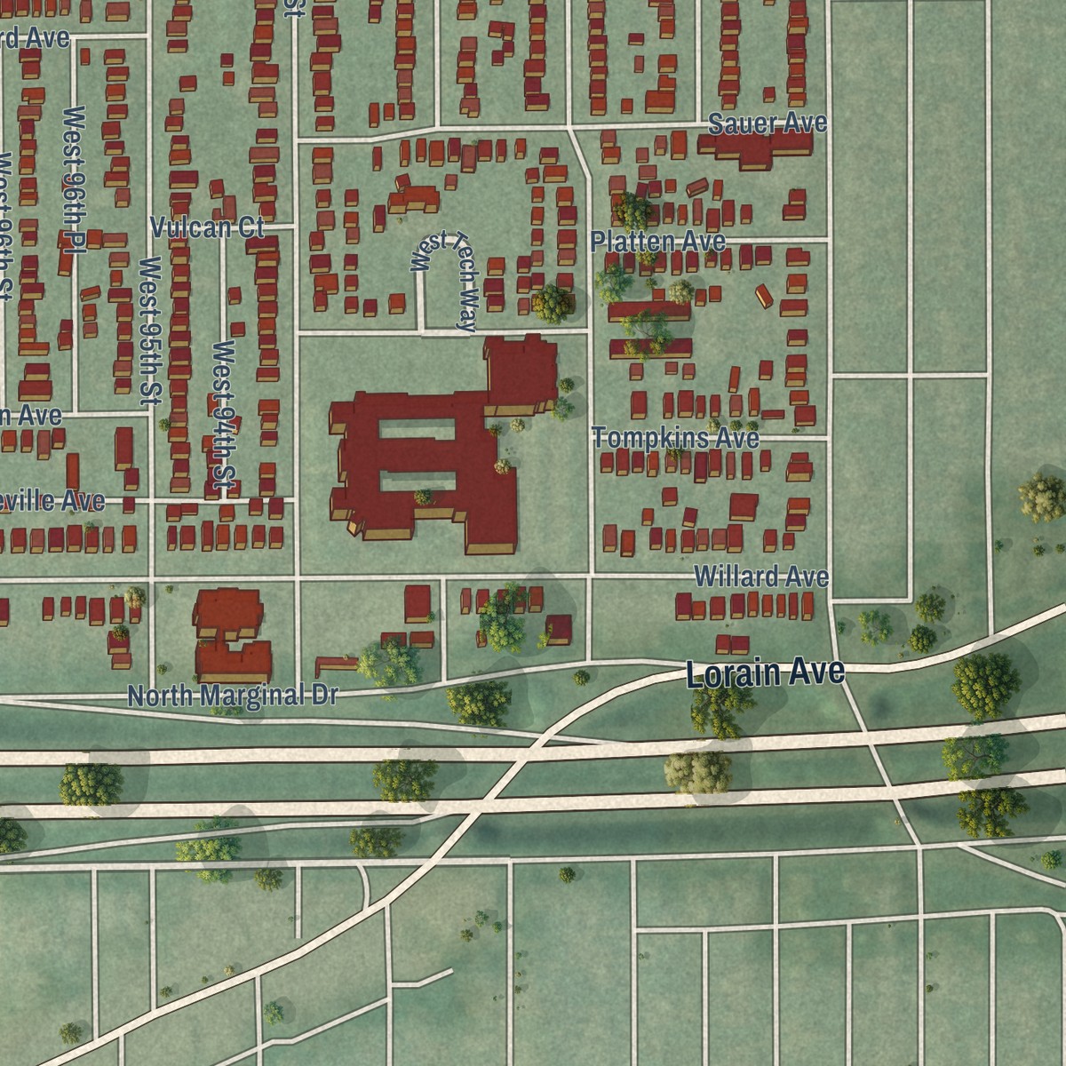 Second close-up of the map of Cudell, Ohio print showing more streets and buildings
