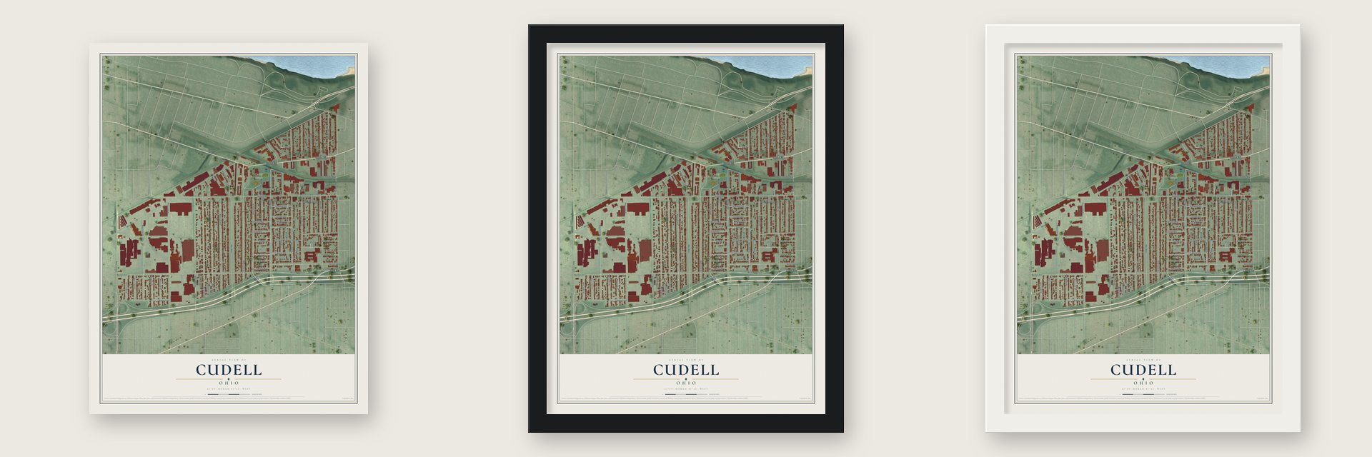Cudell, Ohio map unframed, in a black wood frame and in a white wood frame