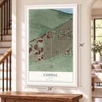Cudell, Ohio map, 24 x 36 inch print in a white frame by a staircase