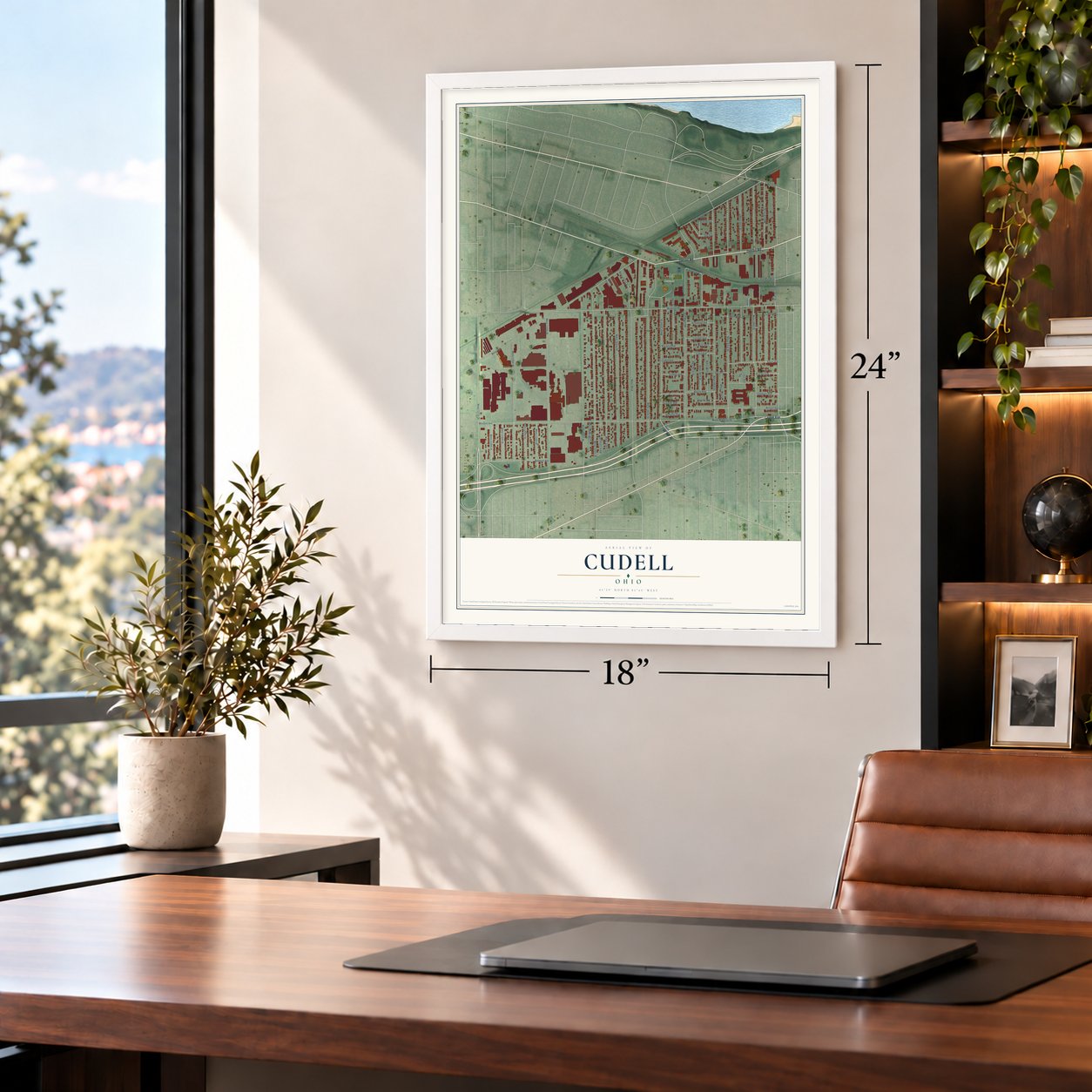 Cudell, Ohio map, 18 x 24 inch print in a white frame in a home office
