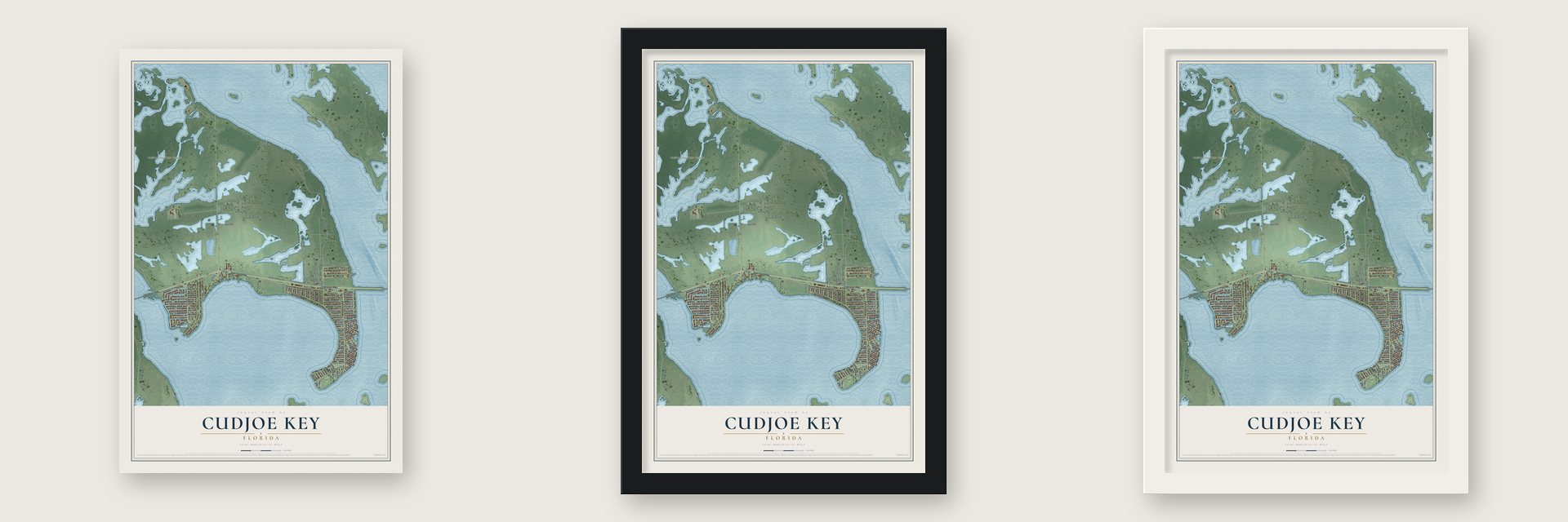 Cudjoe Key, Florida map unframed, in a black wood frame and in a white wood frame