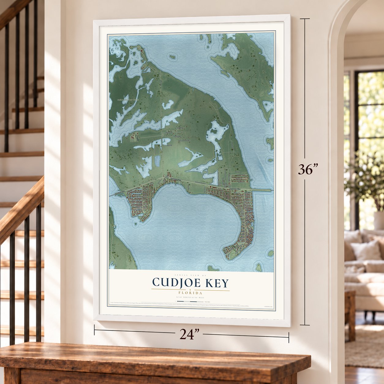 Cudjoe Key, Florida map, 24 x 36 inch print in a white frame by a staircase