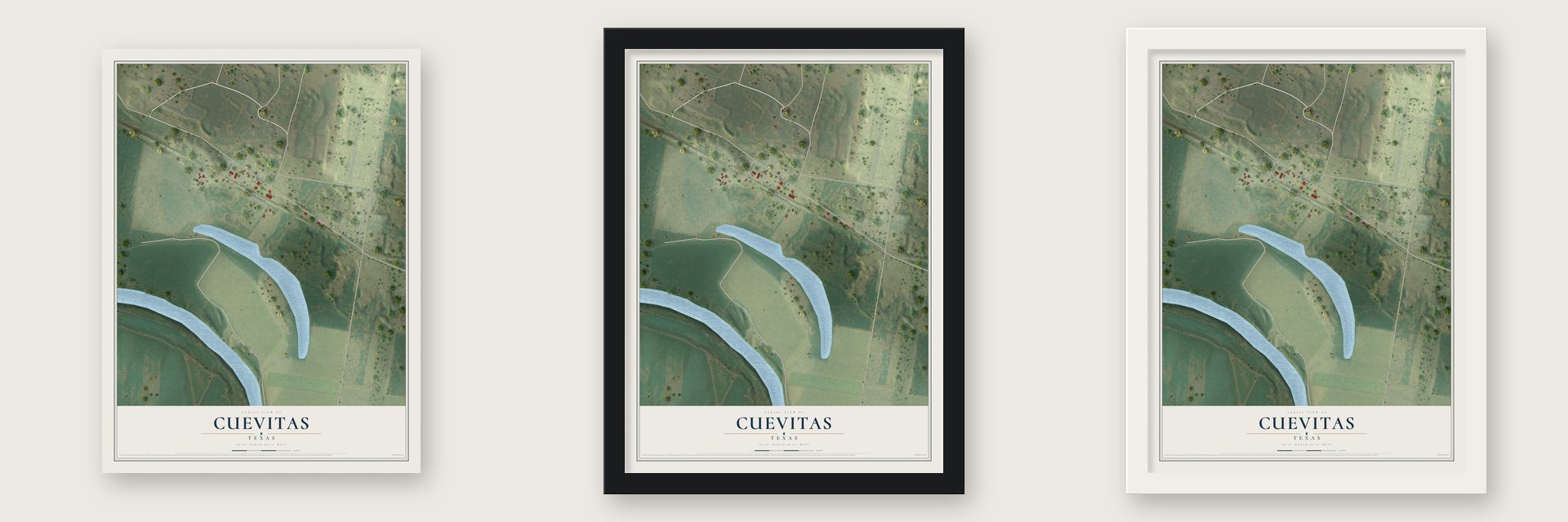 Cuevitas, Texas map unframed, in a black wood frame and in a white wood frame