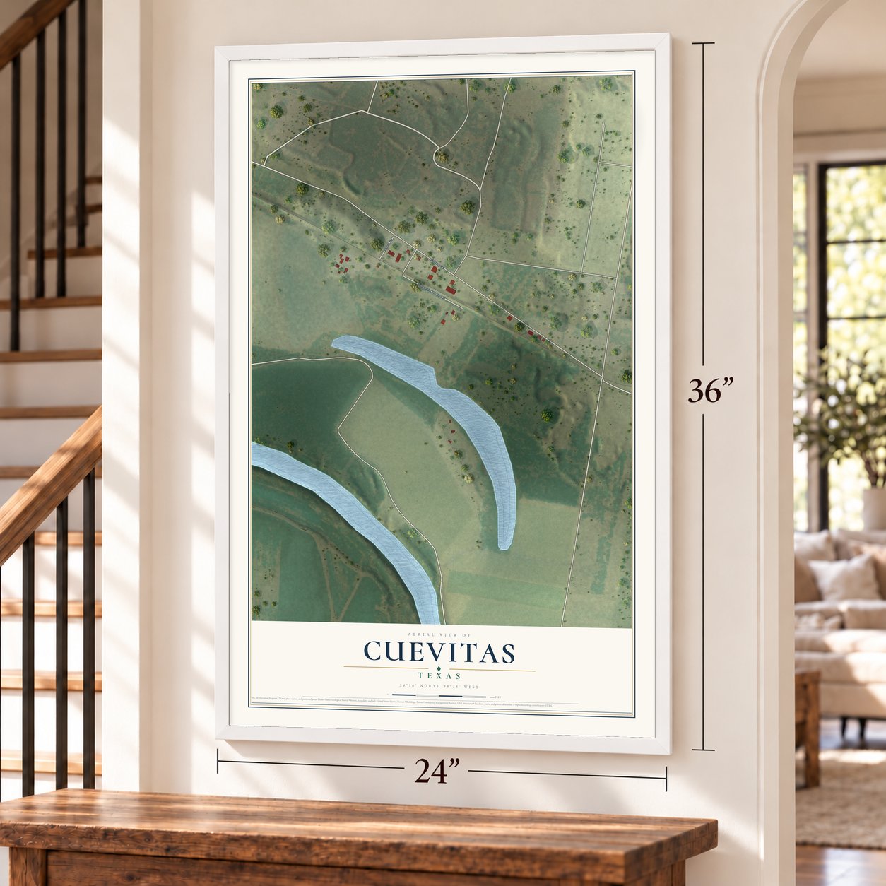Cuevitas, Texas map, 24 x 36 inch print in a white frame by a staircase