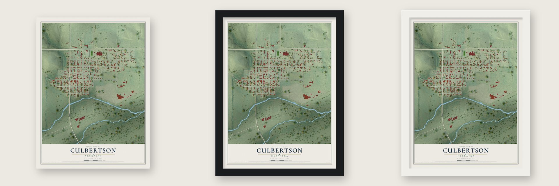 Culbertson, Nebraska map unframed, in a black wood frame and in a white wood frame