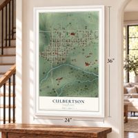 Culbertson, Nebraska map, 24 x 36 inch print in a white frame by a staircase