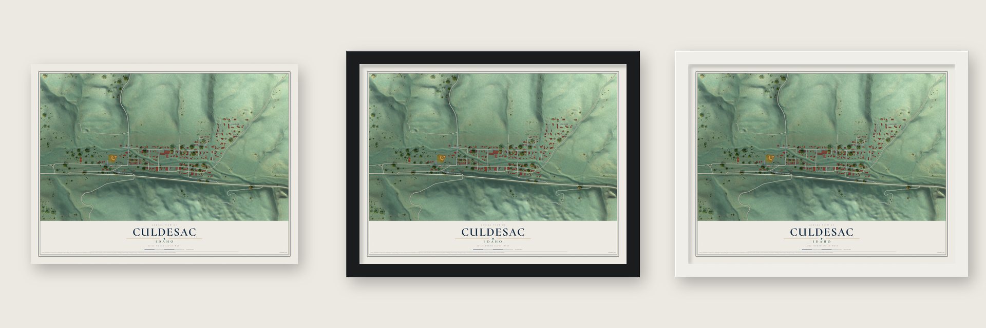 Culdesac, Idaho map unframed, in a black wood frame and in a white wood frame