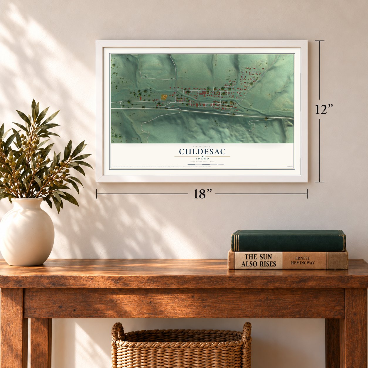 Culdesac, Idaho map, 12 x 18 inch print in a white frame in an entryway