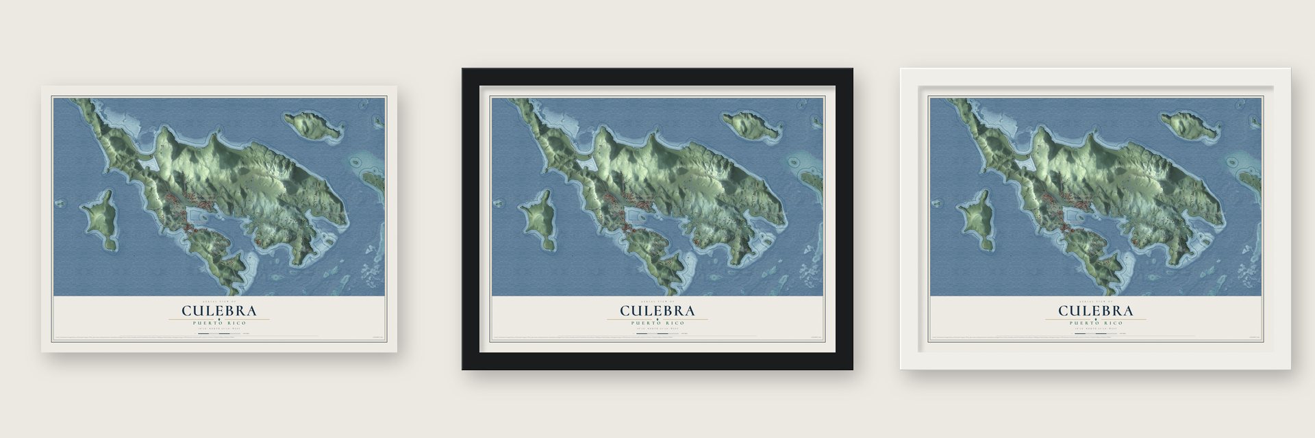 Culebra, Puerto Rico map unframed, in a black wood frame and in a white wood frame