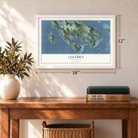 Culebra, Puerto Rico map, 12 x 18 inch print in a white frame in an entryway