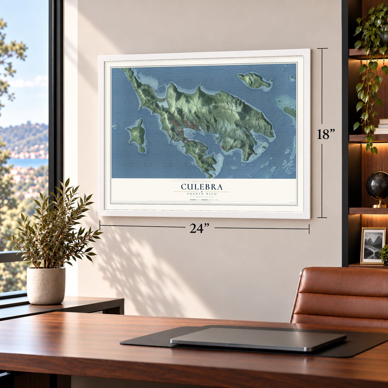 Culebra, Puerto Rico map, 18 x 24 inch print in a white frame in a home office