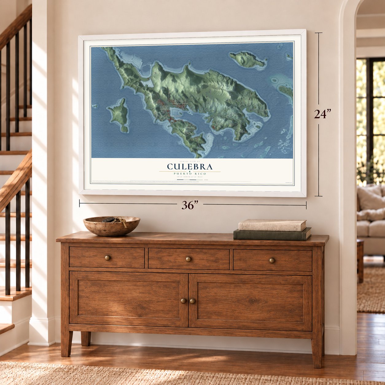 Culebra, Puerto Rico map, 24 x 36 inch print in a white frame above a dresser by a staircase
