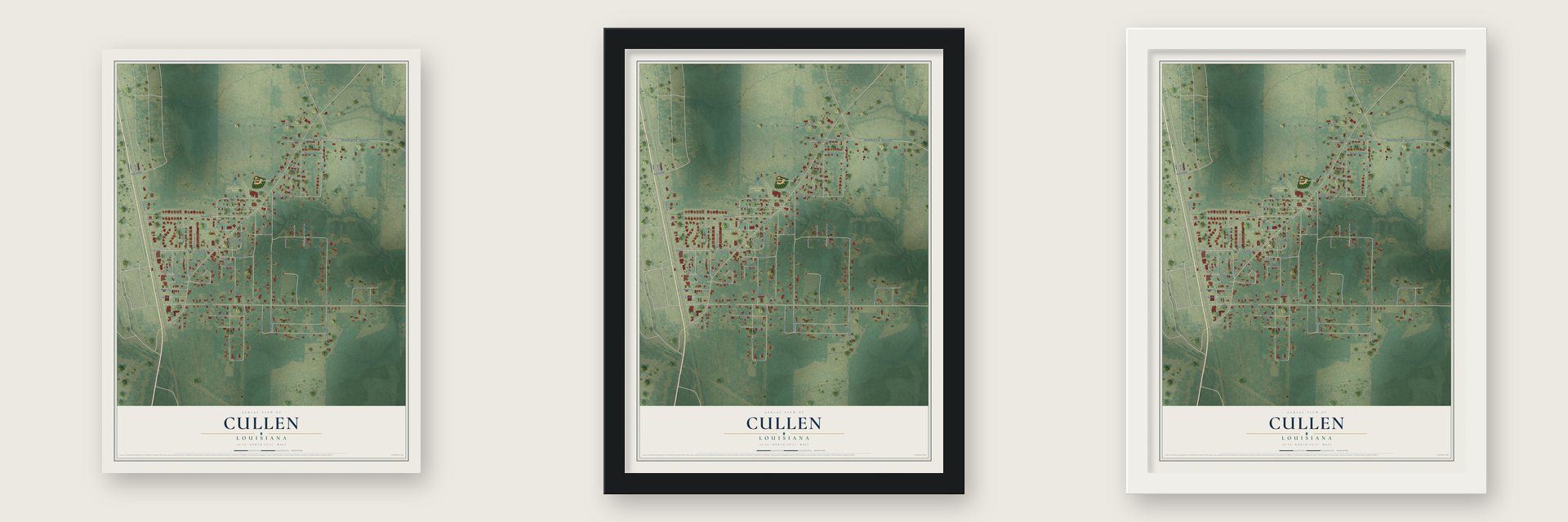 Cullen, Louisiana map unframed, in a black wood frame and in a white wood frame