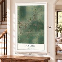 Cullen, Louisiana map, 24 x 36 inch print in a white frame by a staircase