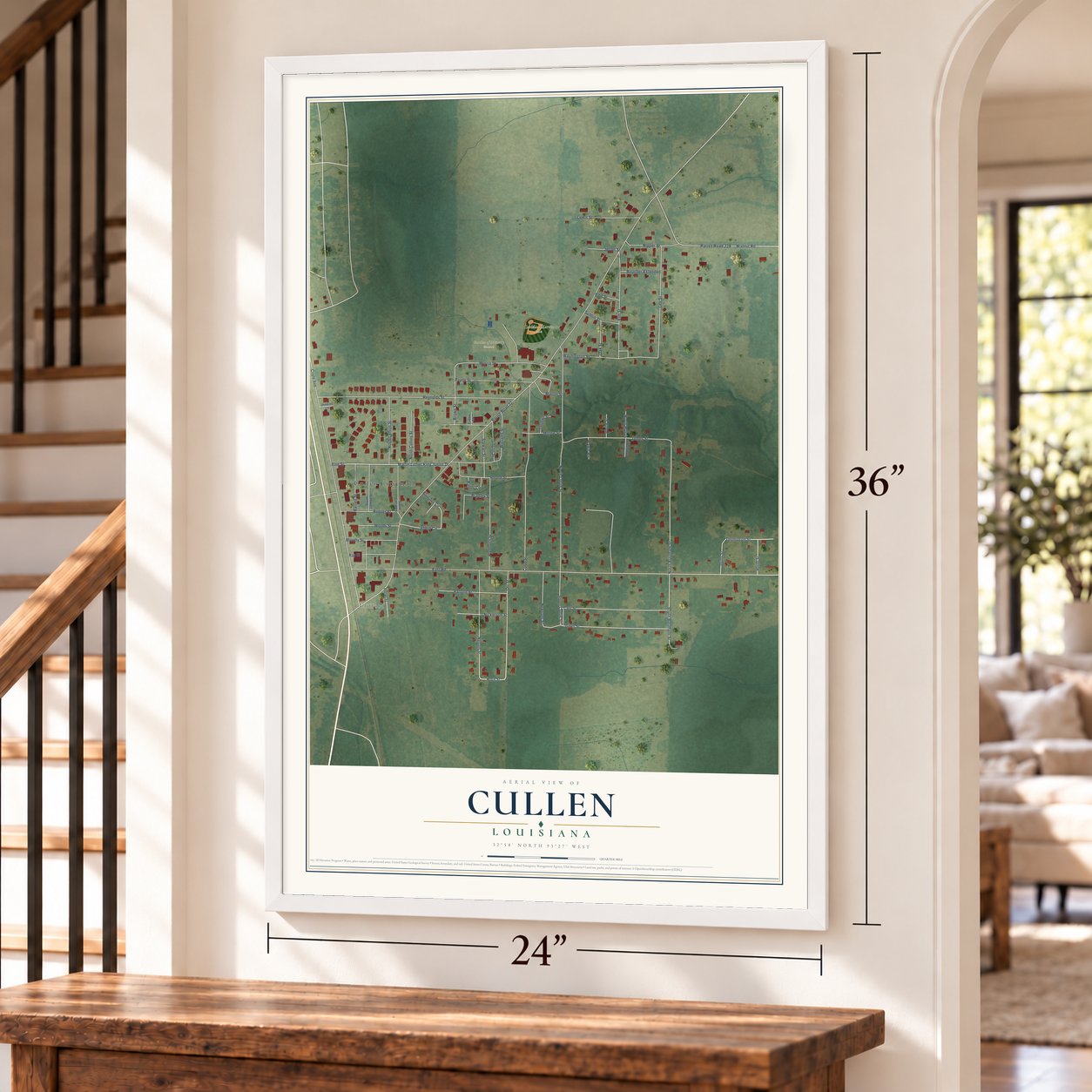 Cullen, Louisiana map, 24 x 36 inch print in a white frame by a staircase