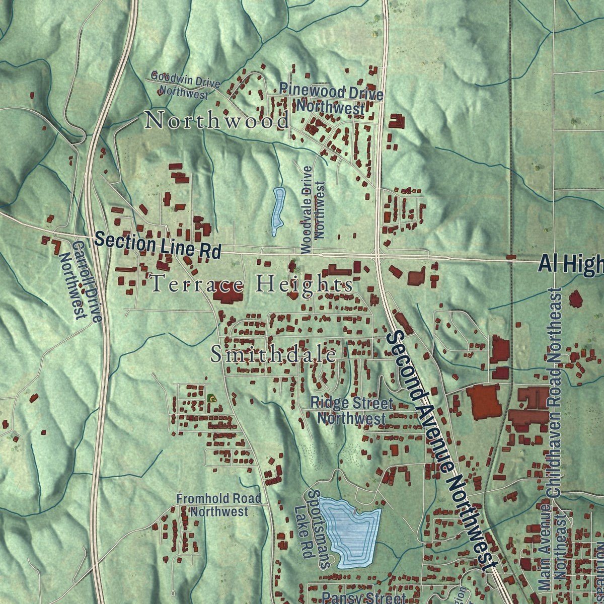 Second close-up of the map of Cullman, Alabama print showing more streets and buildings