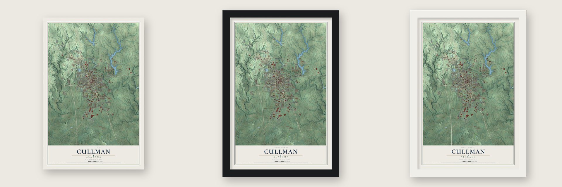 Cullman, Alabama map unframed, in a black wood frame and in a white wood frame