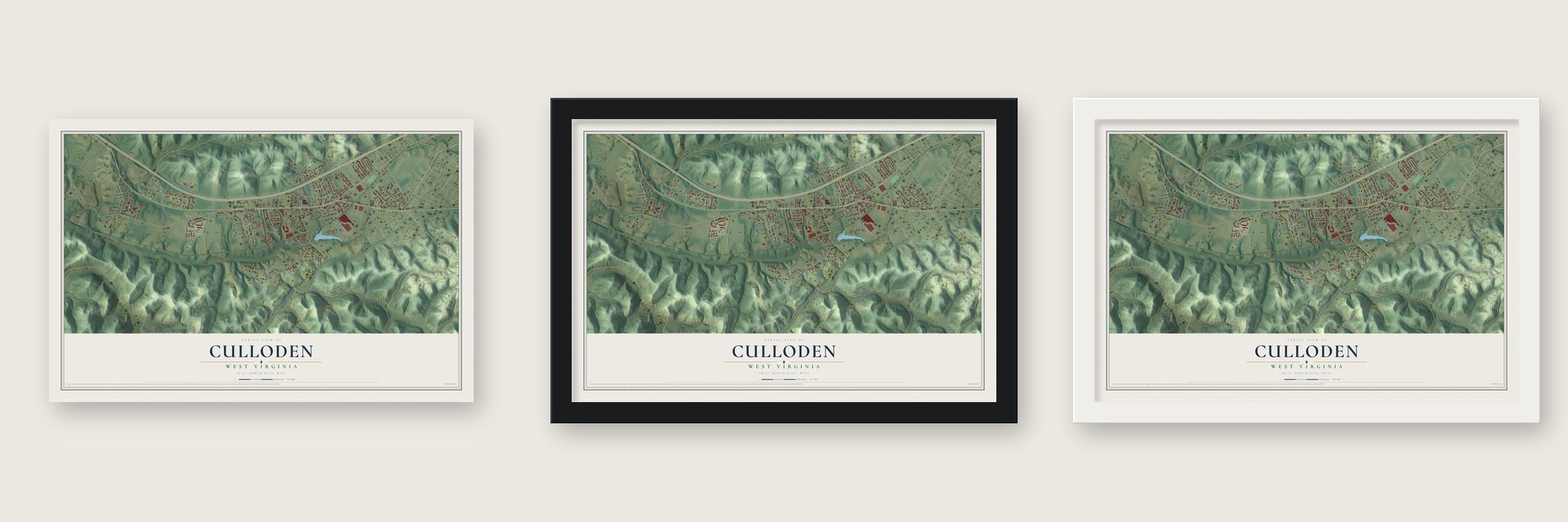 Culloden, West Virginia map unframed, in a black wood frame and in a white wood frame