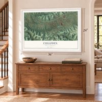 Culloden, West Virginia map, 24 x 36 inch print in a white frame above a dresser by a staircase