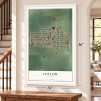 Cullom, Illinois map, 24 x 36 inch print in a white frame by a staircase