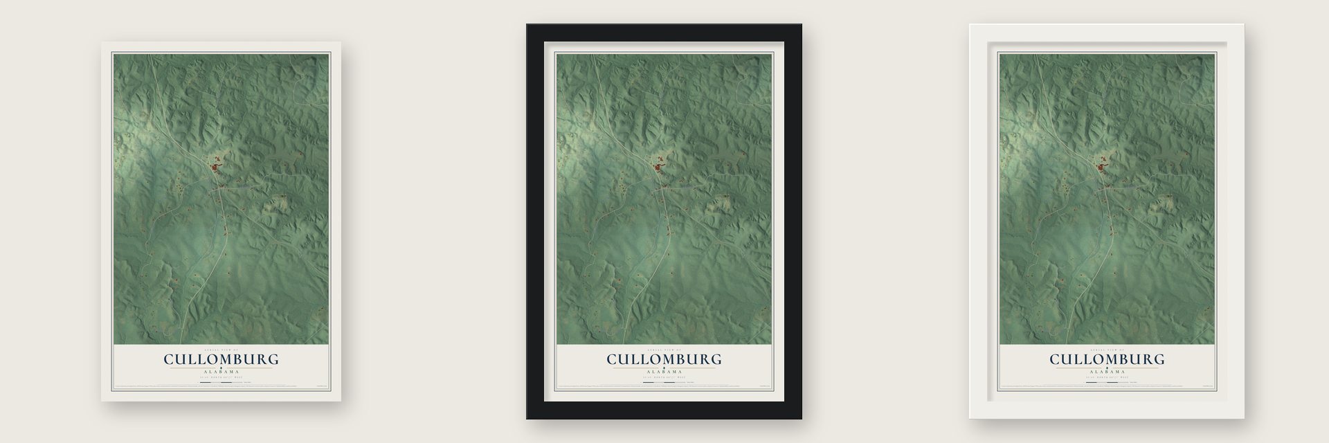 Cullomburg, Alabama map unframed, in a black wood frame and in a white wood frame