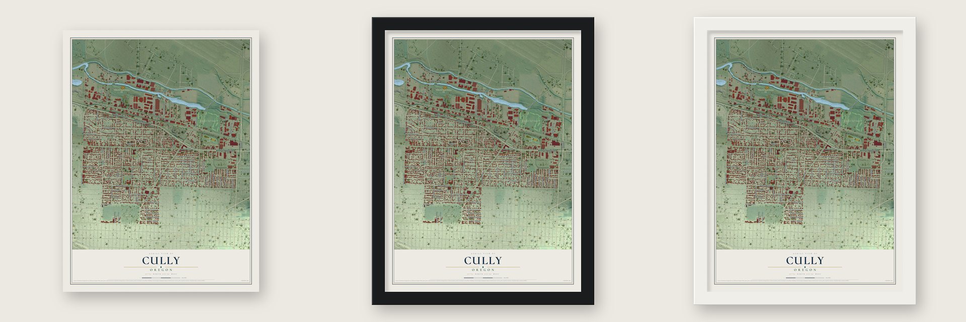 Cully, Oregon map unframed, in a black wood frame and in a white wood frame