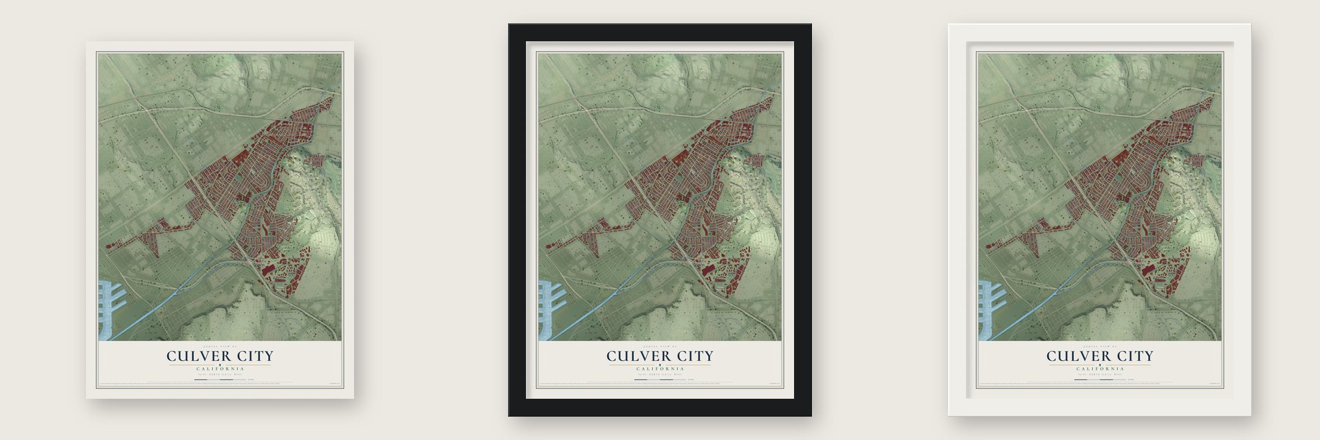 Culver City, California map unframed, in a black wood frame and in a white wood frame