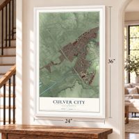 Culver City, California map, 24 x 36 inch print in a white frame by a staircase