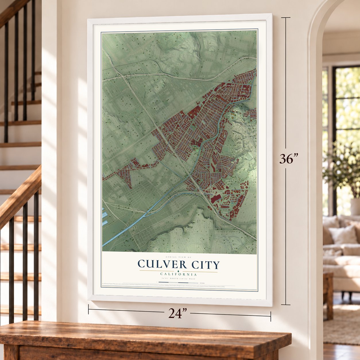 Culver City, California map, 24 x 36 inch print in a white frame by a staircase