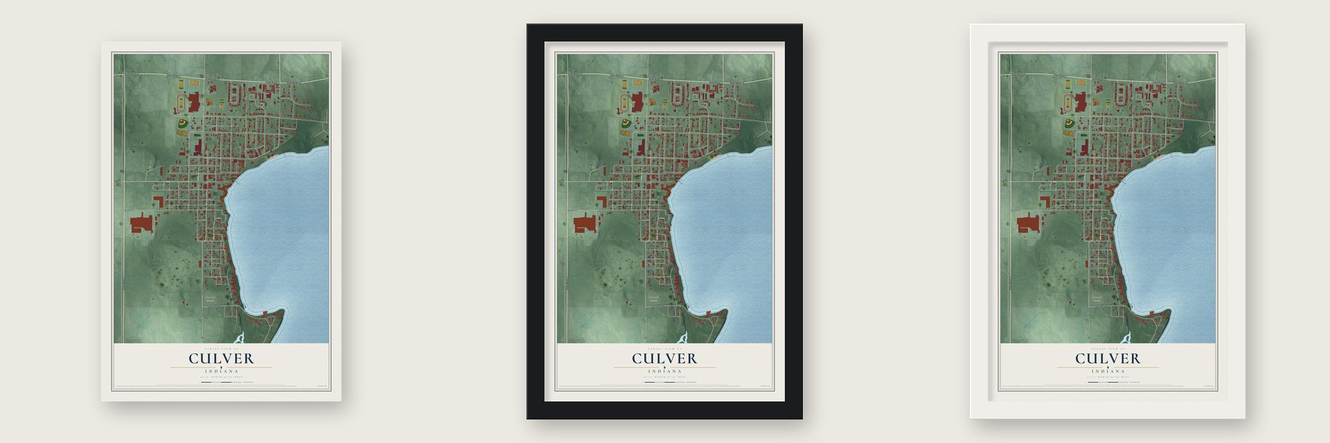 Culver, Indiana map unframed, in a black wood frame and in a white wood frame