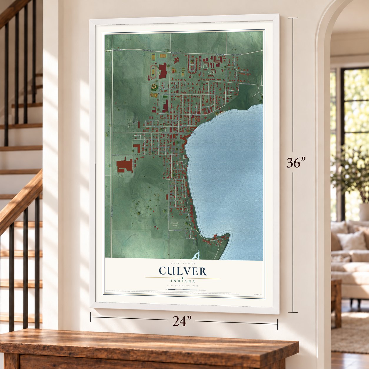Culver, Indiana map, 24 x 36 inch print in a white frame by a staircase