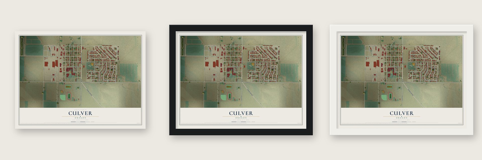 Culver, Oregon map unframed, in a black wood frame and in a white wood frame